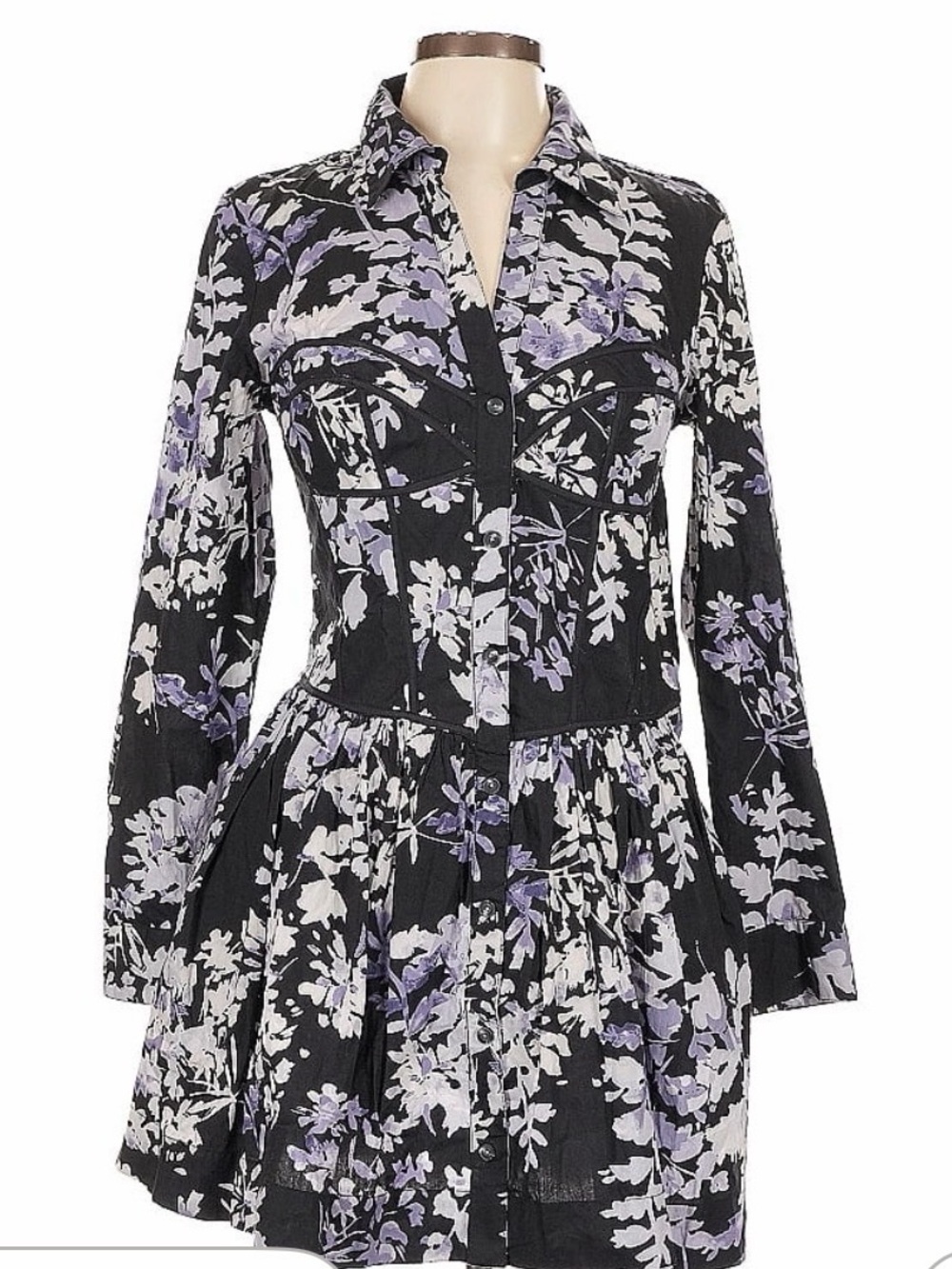 Anthropologie Black Lavender Floral Button-Up Long Sleeve Dress